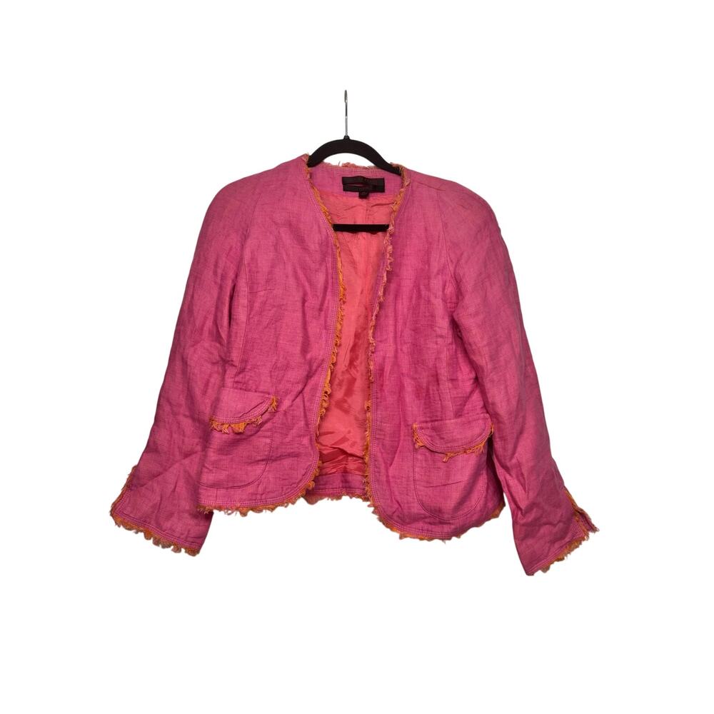 Anne Klein Linen Blazer Pink Orange Fringe Petite 6P Shoulder Pads‎ Y2K Revival